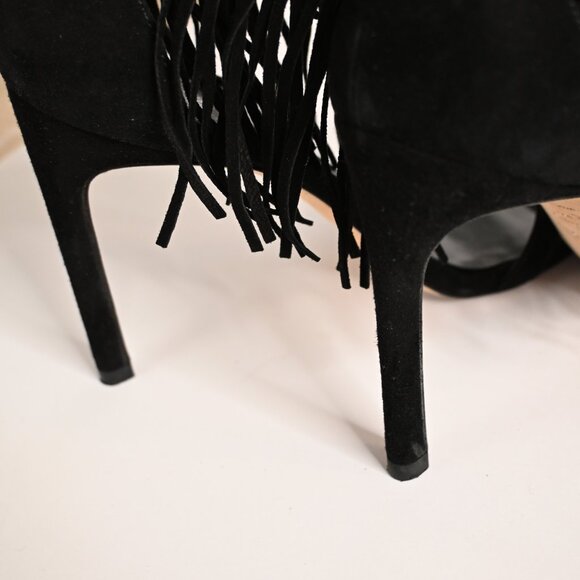 Stuart Weitzman Black Suede Nudist Heeled Sandals with Fringe - Picture 2 of 6